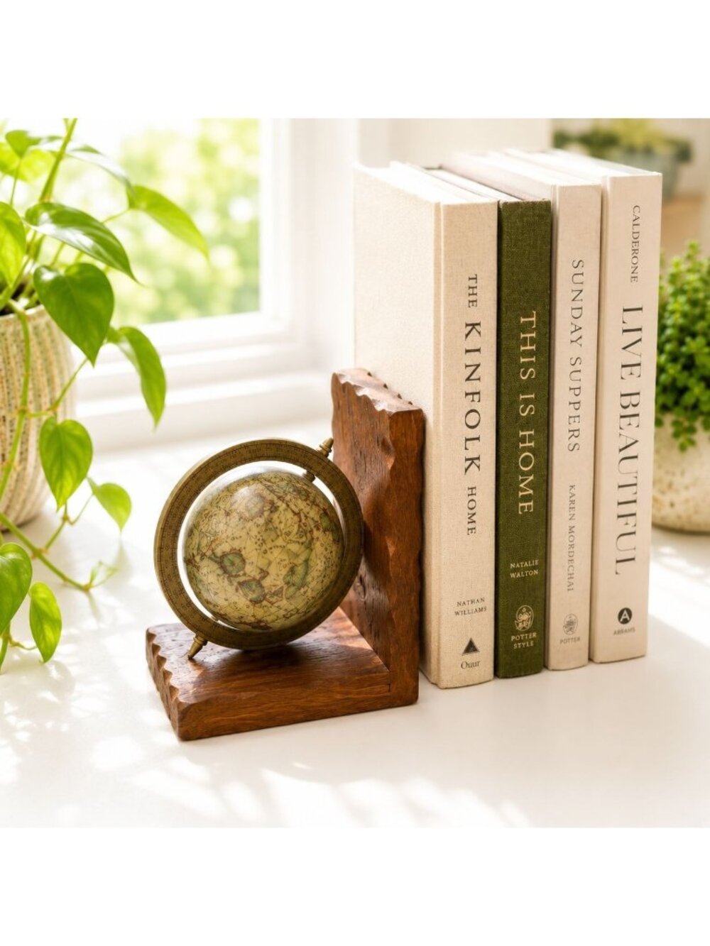 Vintage Wooden Globe Bookend With Carved Base And Antique-Style Map Design 6"x3.
